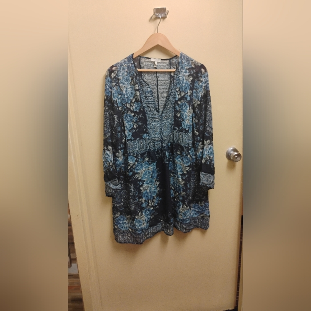 Joie Demko 100% Silk Tunic Mini Dress Blue Floral Sz L